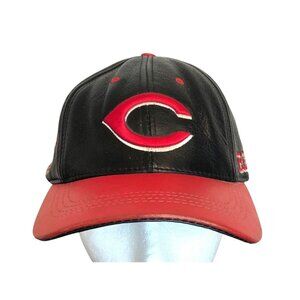 Vintage 90s MLB Cincinnati Reds Black & Red Leather Baseball Hat Logo Athletics